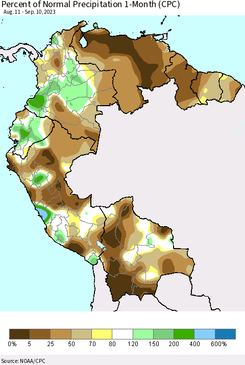 Northern South America Percent of Normal Precipitation 1-Month (CPC) Thematic Map For 8/11/2023 - 9/10/2023