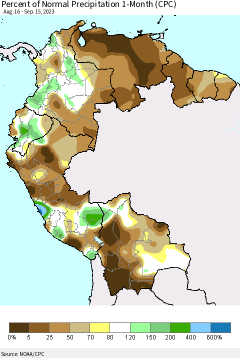 Northern South America Percent of Normal Precipitation 1-Month (CPC) Thematic Map For 8/16/2023 - 9/15/2023