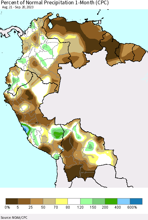 Northern South America Percent of Normal Precipitation 1-Month (CPC) Thematic Map For 8/21/2023 - 9/20/2023