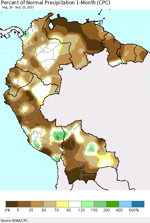 Northern South America Percent of Normal Precipitation 1-Month (CPC) Thematic Map For 8/26/2023 - 9/25/2023