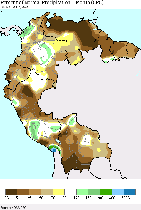 Northern South America Percent of Normal Precipitation 1-Month (CPC) Thematic Map For 9/6/2023 - 10/5/2023