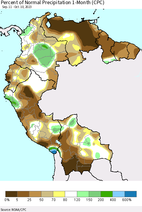 Northern South America Percent of Normal Precipitation 1-Month (CPC) Thematic Map For 9/11/2023 - 10/10/2023