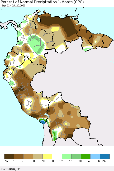 Northern South America Percent of Normal Precipitation 1-Month (CPC) Thematic Map For 9/21/2023 - 10/20/2023