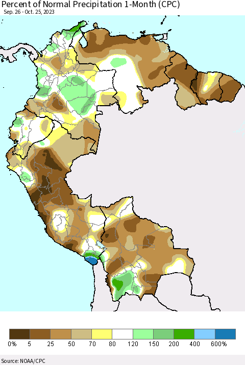 Northern South America Percent of Normal Precipitation 1-Month (CPC) Thematic Map For 9/26/2023 - 10/25/2023