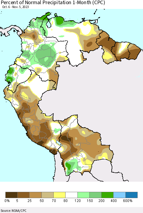 Northern South America Percent of Normal Precipitation 1-Month (CPC) Thematic Map For 10/6/2023 - 11/5/2023