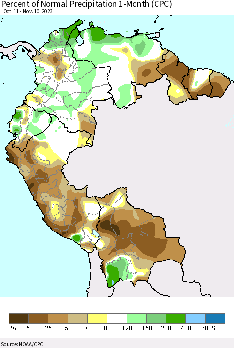 Northern South America Percent of Normal Precipitation 1-Month (CPC) Thematic Map For 10/11/2023 - 11/10/2023