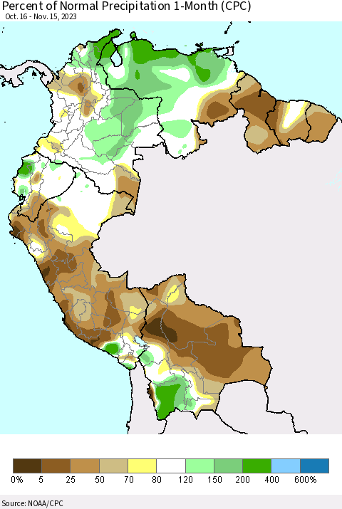 Northern South America Percent of Normal Precipitation 1-Month (CPC) Thematic Map For 10/16/2023 - 11/15/2023
