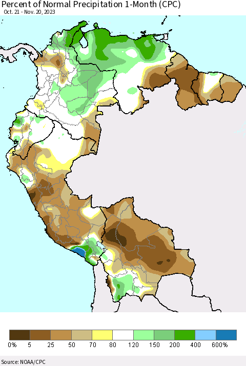 Northern South America Percent of Normal Precipitation 1-Month (CPC) Thematic Map For 10/21/2023 - 11/20/2023
