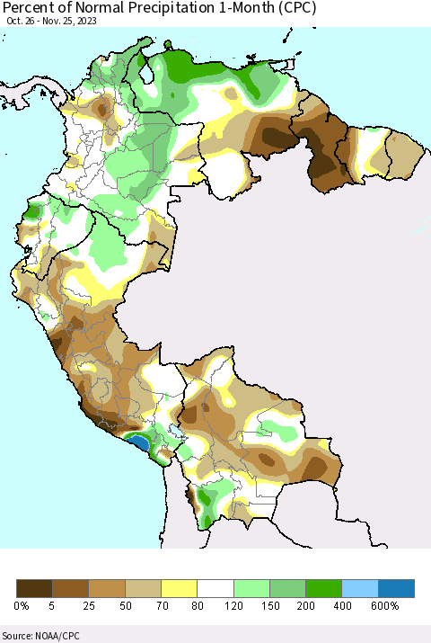 Northern South America Percent of Normal Precipitation 1-Month (CPC) Thematic Map For 10/26/2023 - 11/25/2023
