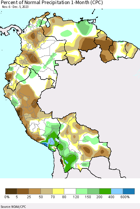 Northern South America Percent of Normal Precipitation 1-Month (CPC) Thematic Map For 11/6/2023 - 12/5/2023