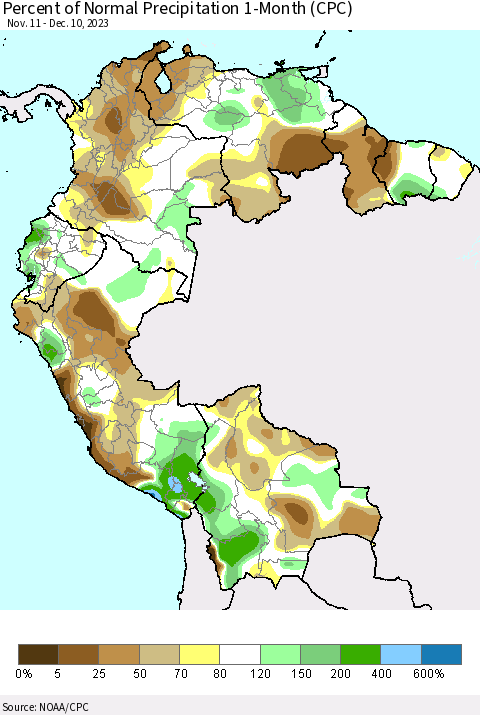Northern South America Percent of Normal Precipitation 1-Month (CPC) Thematic Map For 11/11/2023 - 12/10/2023