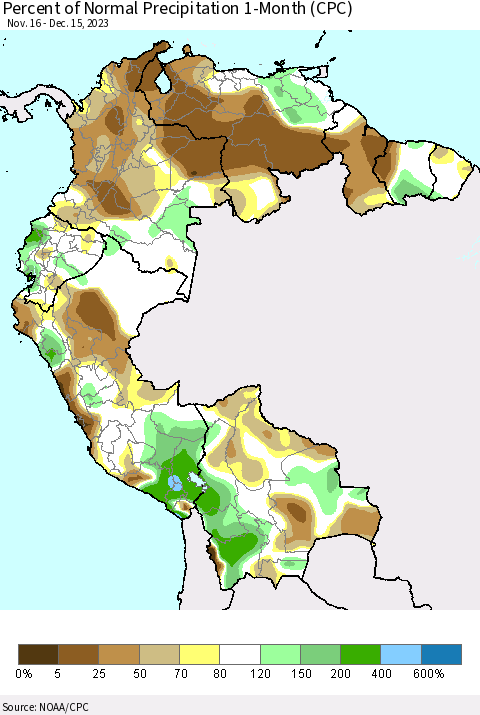 Northern South America Percent of Normal Precipitation 1-Month (CPC) Thematic Map For 11/16/2023 - 12/15/2023