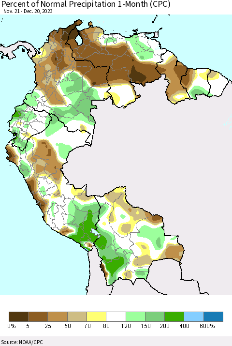 Northern South America Percent of Normal Precipitation 1-Month (CPC) Thematic Map For 11/21/2023 - 12/20/2023