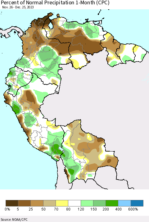 Northern South America Percent of Normal Precipitation 1-Month (CPC) Thematic Map For 11/26/2023 - 12/25/2023