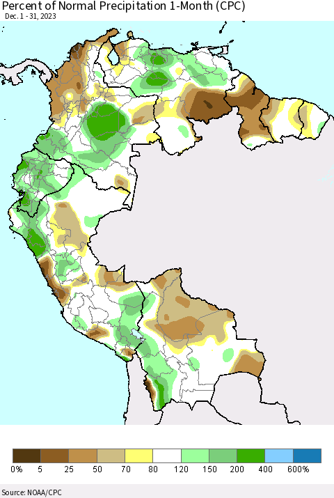 Northern South America Percent of Normal Precipitation 1-Month (CPC) Thematic Map For 12/1/2023 - 12/31/2023