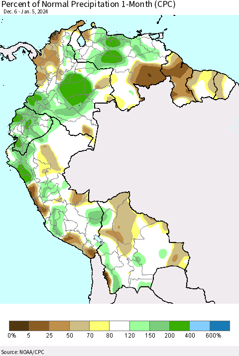 Northern South America Percent of Normal Precipitation 1-Month (CPC) Thematic Map For 12/6/2023 - 1/5/2024
