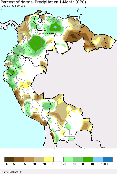 Northern South America Percent of Normal Precipitation 1-Month (CPC) Thematic Map For 12/11/2023 - 1/10/2024