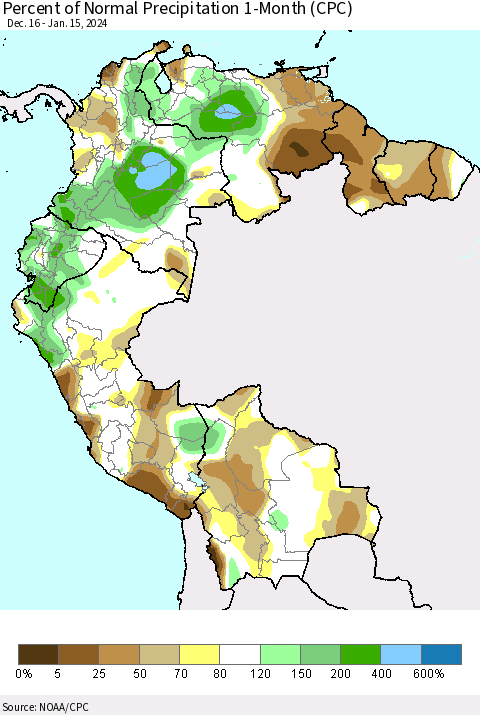 Northern South America Percent of Normal Precipitation 1-Month (CPC) Thematic Map For 12/16/2023 - 1/15/2024
