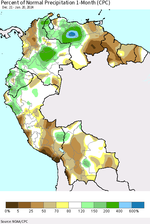 Northern South America Percent of Normal Precipitation 1-Month (CPC) Thematic Map For 12/21/2023 - 1/20/2024