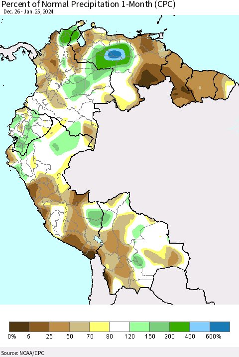Northern South America Percent of Normal Precipitation 1-Month (CPC) Thematic Map For 12/26/2023 - 1/25/2024