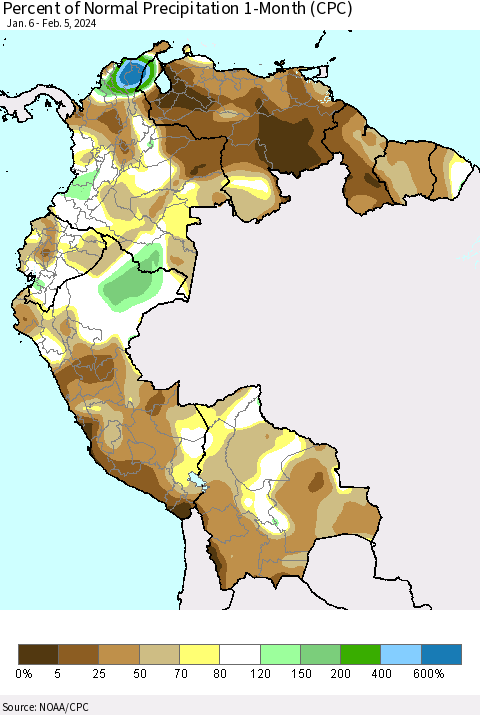 Northern South America Percent of Normal Precipitation 1-Month (CPC) Thematic Map For 1/6/2024 - 2/5/2024