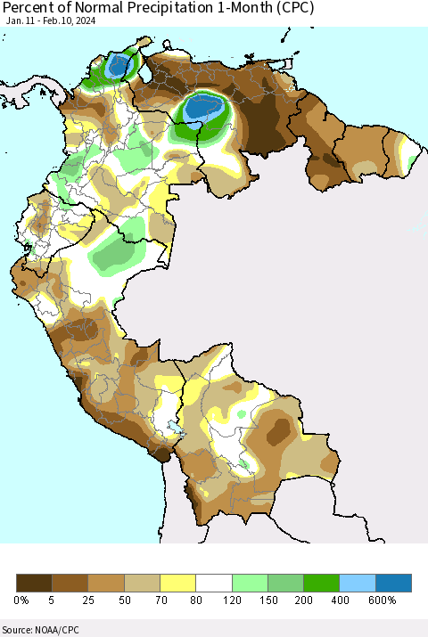 Northern South America Percent of Normal Precipitation 1-Month (CPC) Thematic Map For 1/11/2024 - 2/10/2024