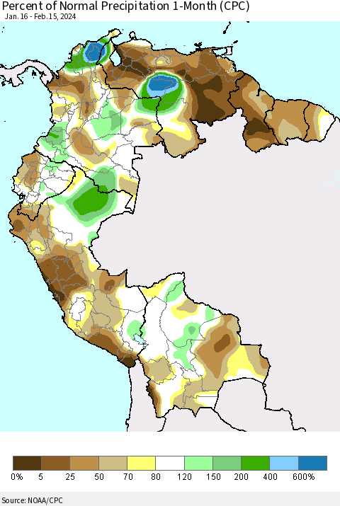 Northern South America Percent of Normal Precipitation 1-Month (CPC) Thematic Map For 1/16/2024 - 2/15/2024