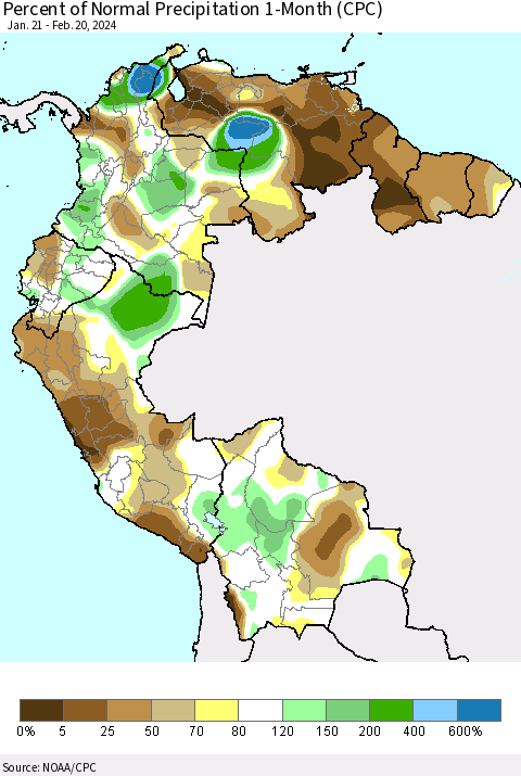 Northern South America Percent of Normal Precipitation 1-Month (CPC) Thematic Map For 1/21/2024 - 2/20/2024