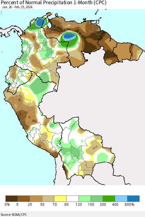 Northern South America Percent of Normal Precipitation 1-Month (CPC) Thematic Map For 1/26/2024 - 2/25/2024