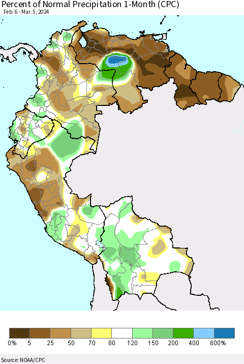 Northern South America Percent of Normal Precipitation 1-Month (CPC) Thematic Map For 2/6/2024 - 3/5/2024