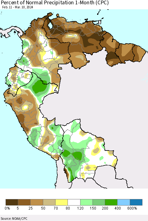 Northern South America Percent of Normal Precipitation 1-Month (CPC) Thematic Map For 2/11/2024 - 3/10/2024