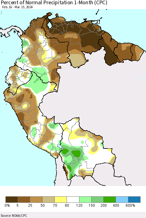 Northern South America Percent of Normal Precipitation 1-Month (CPC) Thematic Map For 2/16/2024 - 3/15/2024