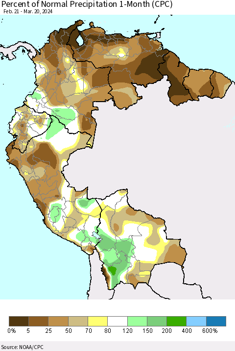 Northern South America Percent of Normal Precipitation 1-Month (CPC) Thematic Map For 2/21/2024 - 3/20/2024