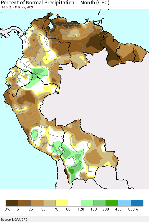 Northern South America Percent of Normal Precipitation 1-Month (CPC) Thematic Map For 2/26/2024 - 3/25/2024