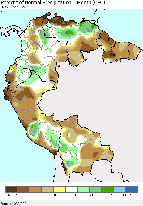 Northern South America Percent of Normal Precipitation 1-Month (CPC) Thematic Map For 3/6/2024 - 4/5/2024