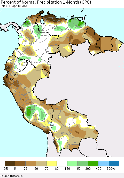 Northern South America Percent of Normal Precipitation 1-Month (CPC) Thematic Map For 3/11/2024 - 4/10/2024
