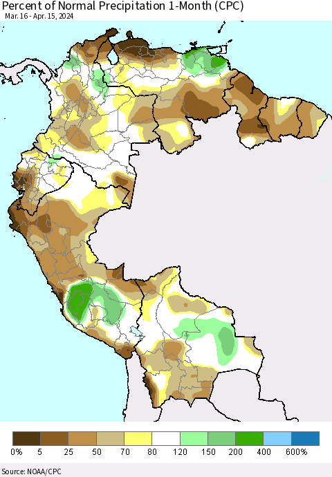 Northern South America Percent of Normal Precipitation 1-Month (CPC) Thematic Map For 3/16/2024 - 4/15/2024