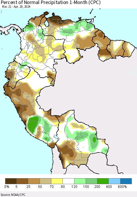 Northern South America Percent of Normal Precipitation 1-Month (CPC) Thematic Map For 3/21/2024 - 4/20/2024