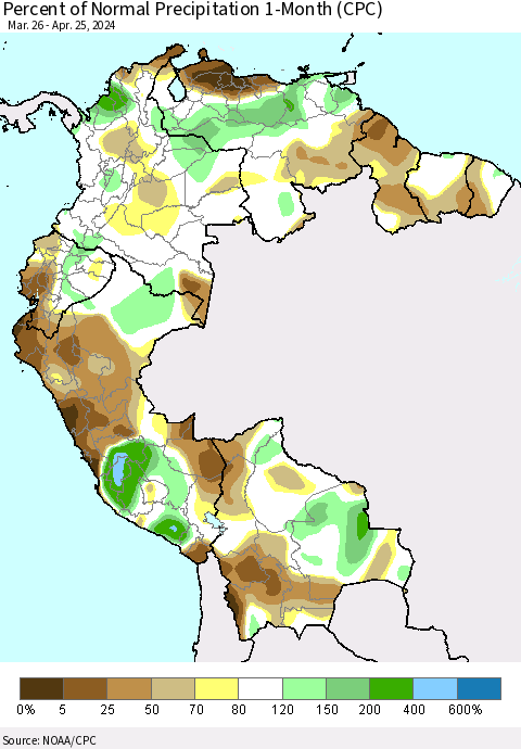 Northern South America Percent of Normal Precipitation 1-Month (CPC) Thematic Map For 3/26/2024 - 4/25/2024