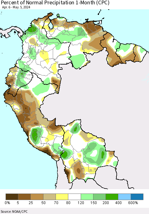 Northern South America Percent of Normal Precipitation 1-Month (CPC) Thematic Map For 4/6/2024 - 5/5/2024