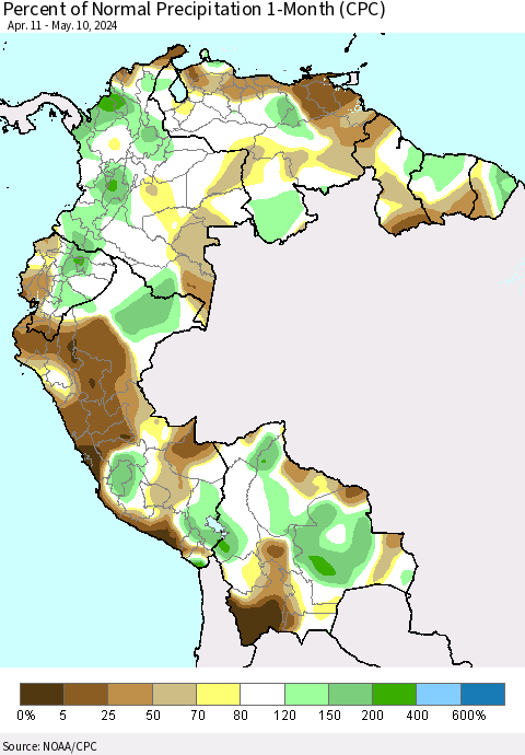 Northern South America Percent of Normal Precipitation 1-Month (CPC) Thematic Map For 4/11/2024 - 5/10/2024