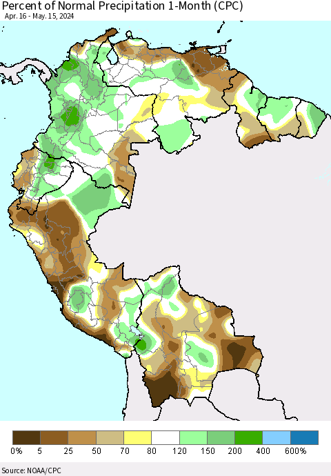 Northern South America Percent of Normal Precipitation 1-Month (CPC) Thematic Map For 4/16/2024 - 5/15/2024