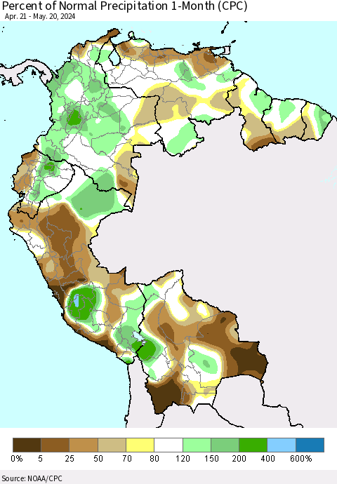 Northern South America Percent of Normal Precipitation 1-Month (CPC) Thematic Map For 4/21/2024 - 5/20/2024