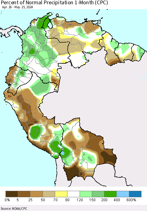 Northern South America Percent of Normal Precipitation 1-Month (CPC) Thematic Map For 4/26/2024 - 5/25/2024