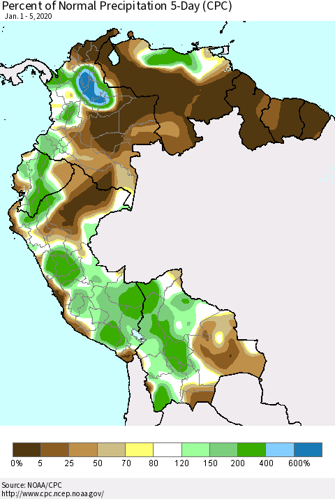 Northern South America Percent of Normal Precipitation 5-Day (CPC) Thematic Map For 1/1/2020 - 1/5/2020