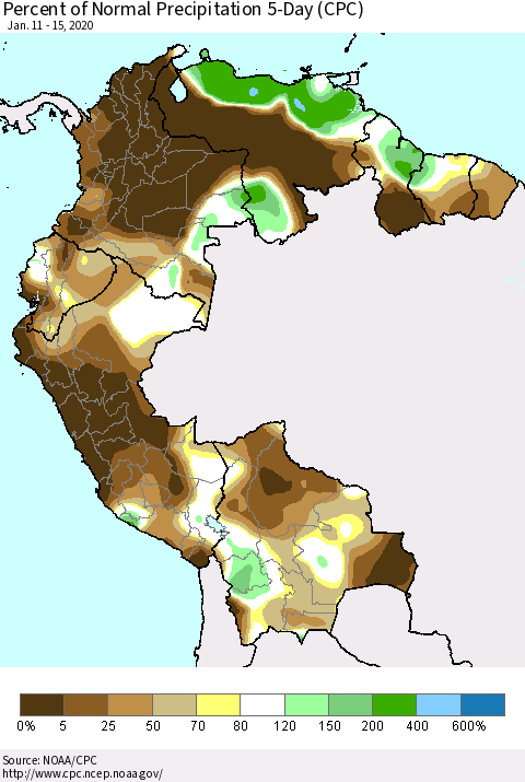 Northern South America Percent of Normal Precipitation 5-Day (CPC) Thematic Map For 1/11/2020 - 1/15/2020