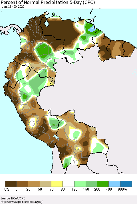 Northern South America Percent of Normal Precipitation 5-Day (CPC) Thematic Map For 1/16/2020 - 1/20/2020