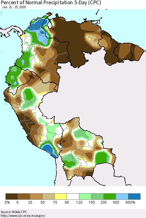 Northern South America Percent of Normal Precipitation 5-Day (CPC) Thematic Map For 1/21/2020 - 1/25/2020