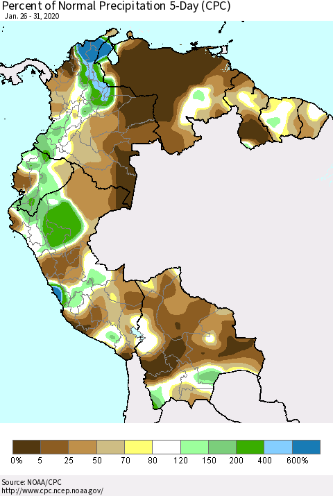 Northern South America Percent of Normal Precipitation 5-Day (CPC) Thematic Map For 1/26/2020 - 1/31/2020