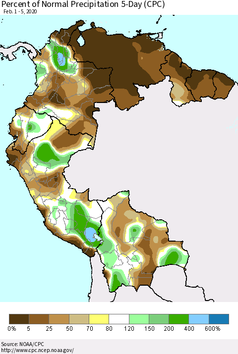 Northern South America Percent of Normal Precipitation 5-Day (CPC) Thematic Map For 2/1/2020 - 2/5/2020